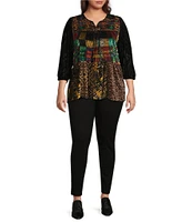 Calessa Plus Size Embroidered Patchwork Split Round Neck 3/4 Sleeve Velvet Burnout Tunic