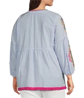 Calessa Plus Size Embroidered Patchwork Split Round V-Neck 3/4 Sleeve Tunic