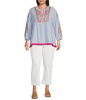 Calessa Plus Size Embroidered Patchwork Split Round V-Neck 3/4 Sleeve Tunic