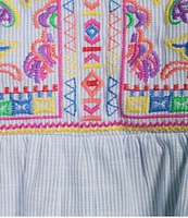 Calessa Plus Size Embroidered Patchwork Split Round V-Neck 3/4 Sleeve Tunic