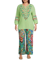 Calessa Plus Size Embroidered Patchwork Split V-Neck 3/4 Sleeve Tunic