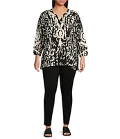 Calessa Plus Size Embroidered Patchwork Split V-Neck 3/4 Sleeve Tunic