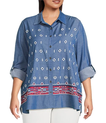 Calessa Plus Size Embroidered Point Collar Long Roll-Tab Sleeve Button Front Tunic