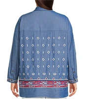 Calessa Plus Size Embroidered Point Collar Long Roll-Tab Sleeve Button Front Tunic