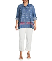 Calessa Plus Size Embroidered Point Collar Long Roll-Tab Sleeve Button Front Tunic
