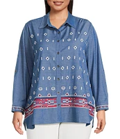 Calessa Plus Size Embroidered Point Collar Long Roll-Tab Sleeve Button Front Tunic
