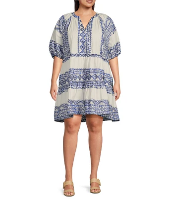 Calessa Plus Size Embroidered Printed Band Collar Split V-Neck 3/4 Sleeve Shift Dress