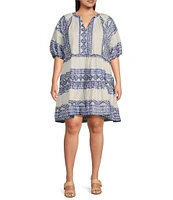 Calessa Plus Size Embroidered Printed Band Collar Split V-Neck 3/4 Sleeve Shift Dress