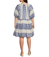 Calessa Plus Size Embroidered Printed Band Collar Split V-Neck 3/4 Sleeve Shift Dress