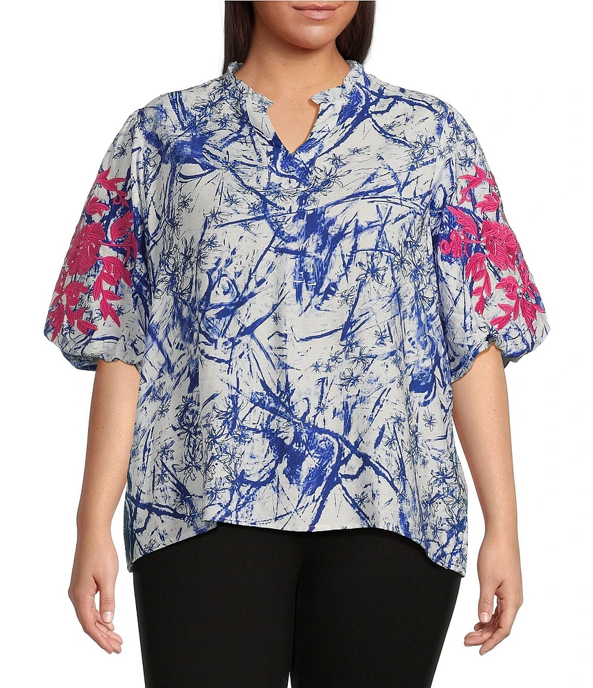 Calessa Plus Size Embroidered Printed Ruffled Split V-Neck Elbow Length Sleeve Tunic