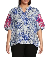 Calessa Plus Size Embroidered Printed Ruffled Split V-Neck Elbow Length Sleeve Tunic