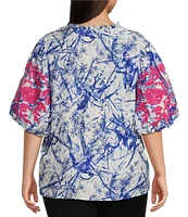 Calessa Plus Size Embroidered Printed Ruffled Split V-Neck Elbow Length Sleeve Tunic
