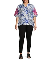 Calessa Plus Size Embroidered Printed Ruffled Split V-Neck Elbow Length Sleeve Tunic