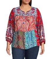 Calessa Plus Size Embroidered Printed Split V-Neck 3/4 Sleeve Tunic