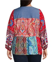 Calessa Plus Size Embroidered Printed Split V-Neck 3/4 Sleeve Tunic