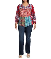 Calessa Plus Size Embroidered Printed Split V-Neck 3/4 Sleeve Tunic