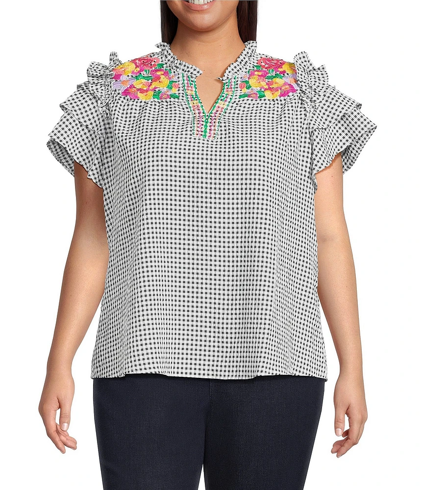 Calessa Plus Size Embroidered Printed Split V-Neck Short Sleeve Ruffle Tunic