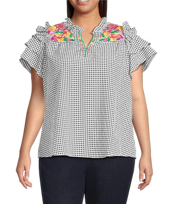 Calessa Plus Size Embroidered Printed Split V-Neck Short Sleeve Ruffle Tunic