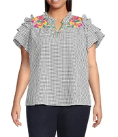 Calessa Plus Size Embroidered Printed Split V-Neck Short Sleeve Ruffle Tunic