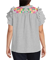 Calessa Plus Size Embroidered Printed Split V-Neck Short Sleeve Ruffle Tunic