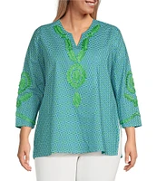 Calessa Plus Size Embroidered Retro Printed Split V-Neck 3/4 Sleeve Tunic
