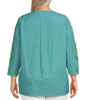 Calessa Plus Size Embroidered Retro Printed Split V-Neck 3/4 Sleeve Tunic