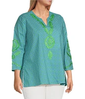 Calessa Plus Size Embroidered Retro Printed Split V-Neck 3/4 Sleeve Tunic