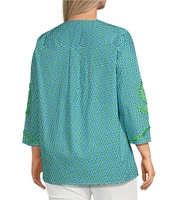 Calessa Plus Size Embroidered Retro Printed Split V-Neck 3/4 Sleeve Tunic