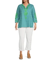 Calessa Plus Size Embroidered Retro Printed Split V-Neck 3/4 Sleeve Tunic