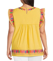 Calessa Plus Size Embroidered Round Neck Ruffle Cap Sleeve Tunic