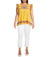 Calessa Plus Size Embroidered Round Neck Ruffle Cap Sleeve Tunic
