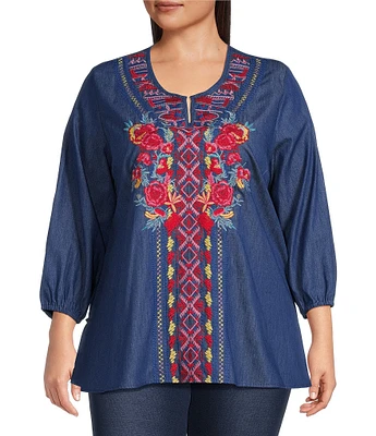 Calessa Plus Size Embroidered Round Split V-Neck 3/4 Sleeve Tunic