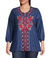 Calessa Plus Size Embroidered Round Split V-Neck 3/4 Sleeve Tunic