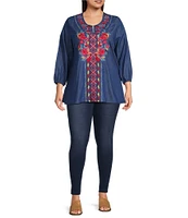 Calessa Plus Size Embroidered Round Split V-Neck 3/4 Sleeve Tunic