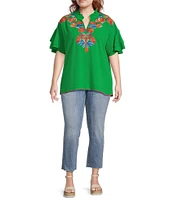 Calessa Plus Size Embroidered Ruffle Sleeve Top
