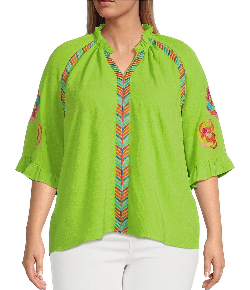 Calessa Plus Size Embroidered Ruffle Split V-Neck 3/4 Sleeve Tunic
