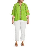 Calessa Plus Size Embroidered Ruffle Split V-Neck 3/4 Sleeve Tunic