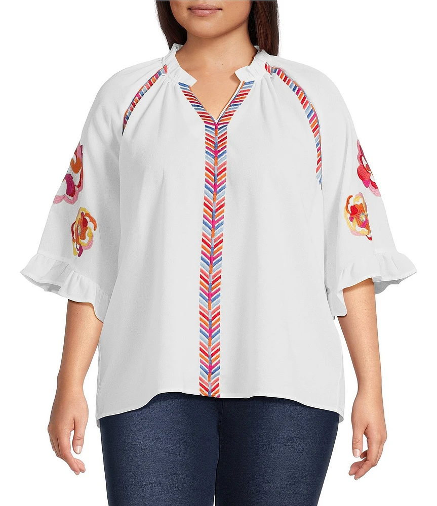 Calessa Plus Size Embroidered Ruffle Split V-Neck Elbow Sleeve Tunic