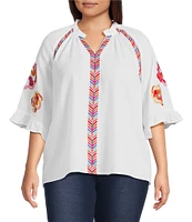 Calessa Plus Size Embroidered Ruffle Split V-Neck Elbow Sleeve Tunic