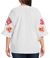 Calessa Plus Size Embroidered Ruffle Split V-Neck Elbow Sleeve Tunic