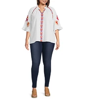 Calessa Plus Size Embroidered Ruffle Split V-Neck Elbow Sleeve Tunic
