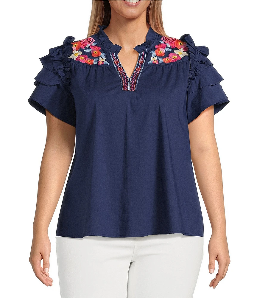 Calessa Plus Size Embroidered Ruffled Double Layer Cap Sleeve Top