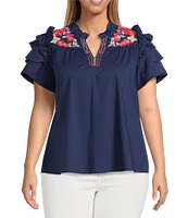 Calessa Plus Size Embroidered Ruffled Double Layer Cap Sleeve Top