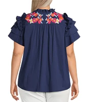 Calessa Plus Size Embroidered Ruffled Double Layer Cap Sleeve Top
