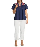 Calessa Plus Size Embroidered Ruffled Double Layer Cap Sleeve Top