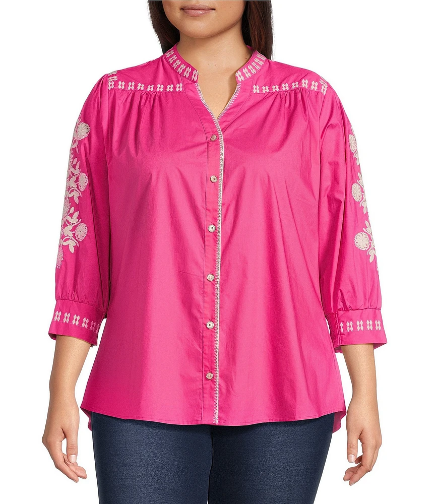 Calessa Plus Size Embroidered Split V-Neck 3/4 Sleeve Button Front Shirt