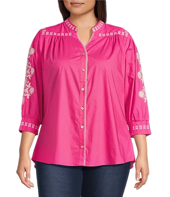 Calessa Plus Size Embroidered Split V-Neck 3/4 Sleeve Button Front Shirt