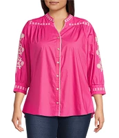 Calessa Plus Size Embroidered Split V-Neck 3/4 Sleeve Button Front Shirt