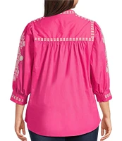 Calessa Plus Size Embroidered Split V-Neck 3/4 Sleeve Button Front Shirt