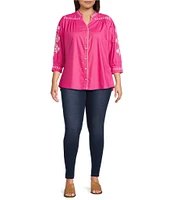 Calessa Plus Size Embroidered Split V-Neck 3/4 Sleeve Button Front Shirt